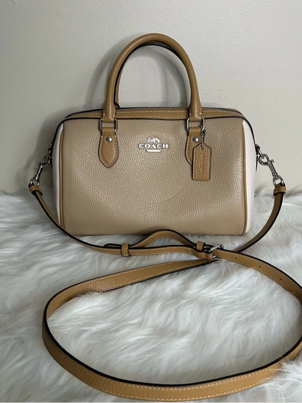 Coach Rowan Satchel Taupe Chalk White Pebbled Leather Bag Excellent - Picture 2 of 13